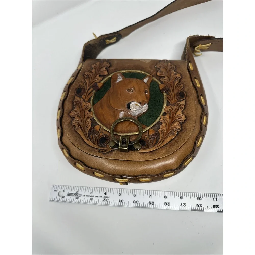 Vintage 1970s Tooled Leather Hand Carved Hand Painted Cougar Purse